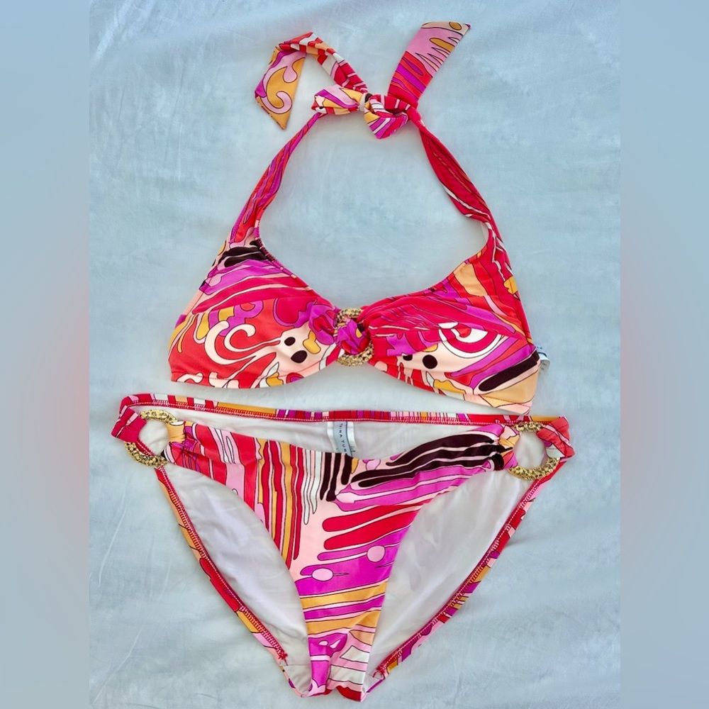 Trina Turk size 10 bikini, multicolor pattern with gold hoop accents